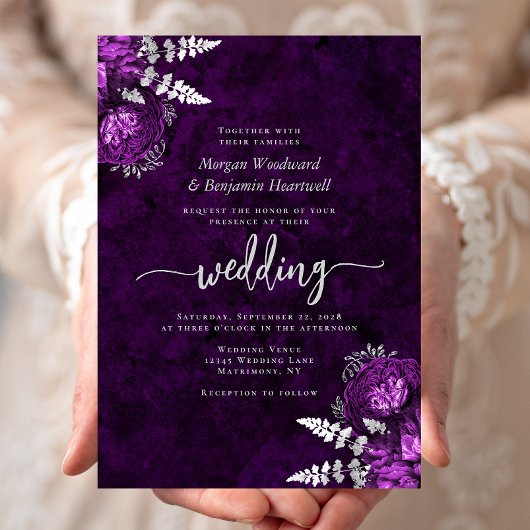 Invitation Mariage Élégant Fleur Plum Argent