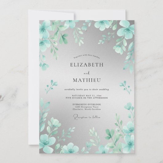 Invitation Mariage Élégant Fleur Teal (Devant)