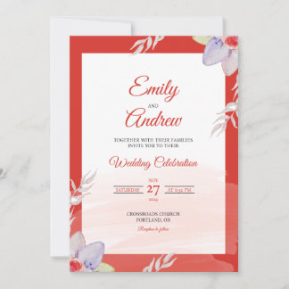 Invitation Mariage Élégant Fleurie Aquarelle Bordure Rouge