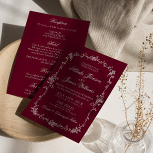 Invitation Mariage Élégant Fleuris Bourguignon Rétro Tout En