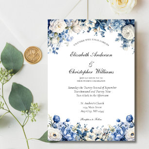 Invitation Mariage Élégant Fleuriste Aquarelle Bleu Poussiére