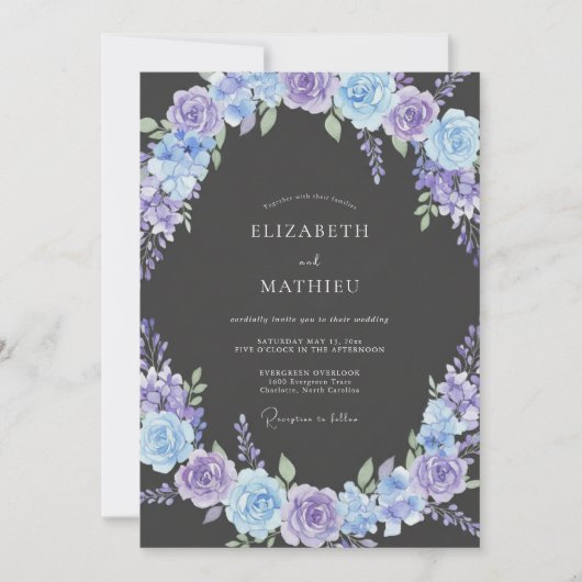 Invitation Mariage Élégant Fleuron Violet Bleu (Devant)