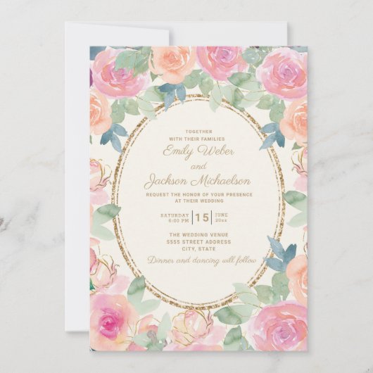 Invitation Mariage Élégant Fleurs Aquarelle Rose Pêche Or (Devant)