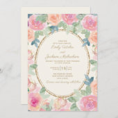 Invitation Mariage Élégant Fleurs Aquarelle Rose Pêche Or (Devant / Derrière)