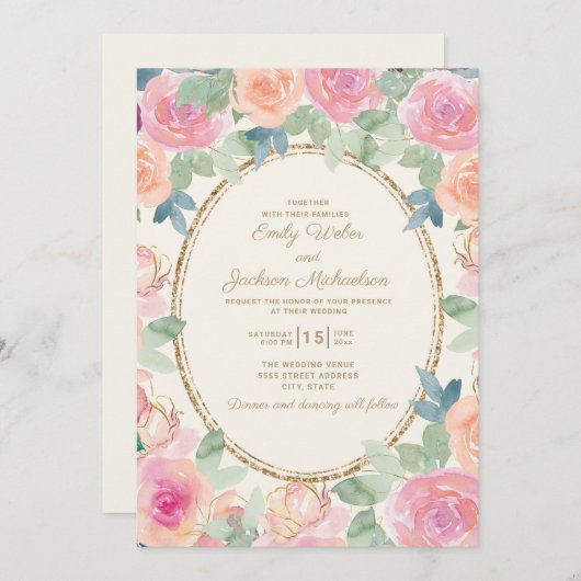 Invitation Mariage Élégant Fleurs Aquarelle Rose Pêche Or (Devant / Derrière)