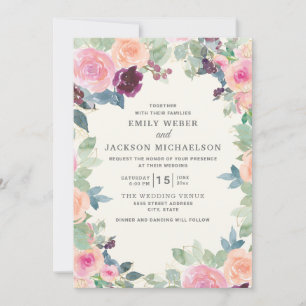 Invitation Mariage Élégant Fleurs Aquarelle Rose Violet