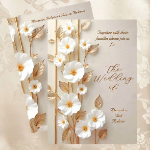 Invitation Mariage Élégant Fleurs Blanches Beige Bamboo Or