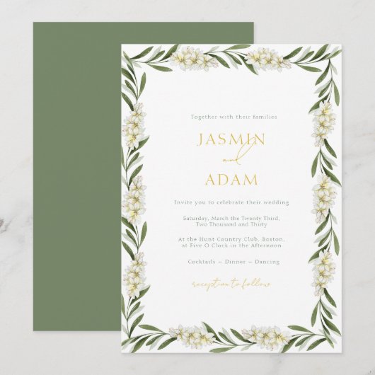Invitation Mariage Élégant Fleurs Blanches et Feuillage (Devant / Derrière)