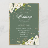 Invitation Mariage Élégant Fleurs Blanches Or Vert  (Devant)
