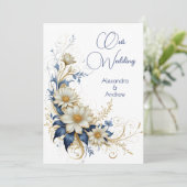 Invitation Mariage Élégant Fleurs Bleu Blanc Or (Debout devant)