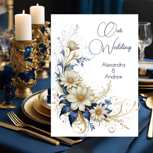 Invitation Mariage Élégant Fleurs Bleu Blanc Or
