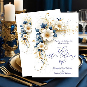 Invitation Mariage Élégant Fleurs Bleu Royal Blanc Or