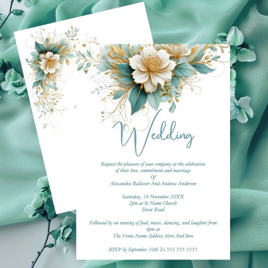 Invitation Mariage élégant Fleurs Bleues Vertes Blanches