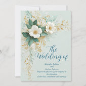 Invitation Mariage Élégant Fleurs Bleues Vertes Blanches Or (Devant)