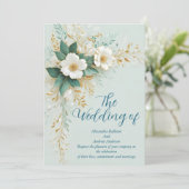 Invitation Mariage Élégant Fleurs Bleues Vertes Blanches Or (Debout devant)