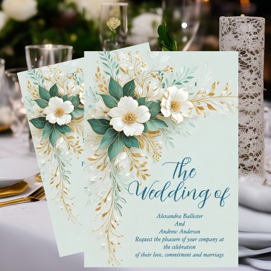 Invitation Mariage Élégant Fleurs Bleues Vertes Blanches Or