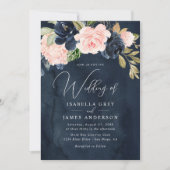 Invitation Mariage Élégant Fleurs de Feuillage Rose Navy (Devant)