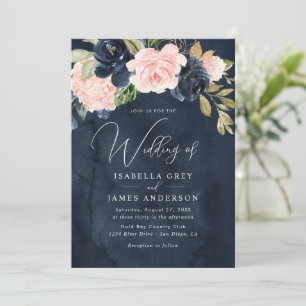 Invitation Mariage Élégant Fleurs de Feuillage Rose Navy