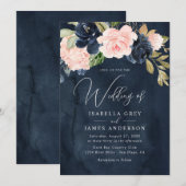 Invitation Mariage Élégant Fleurs de Feuillage Rose Navy (Devant / Derrière)