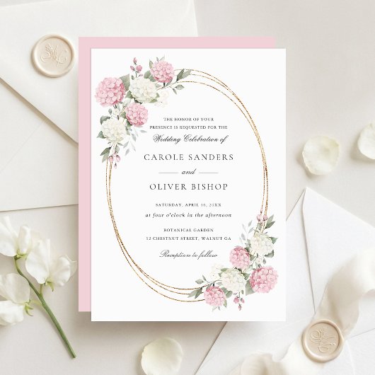 Invitation Mariage Élégant Fleurs Hydrangea Rose Verdure