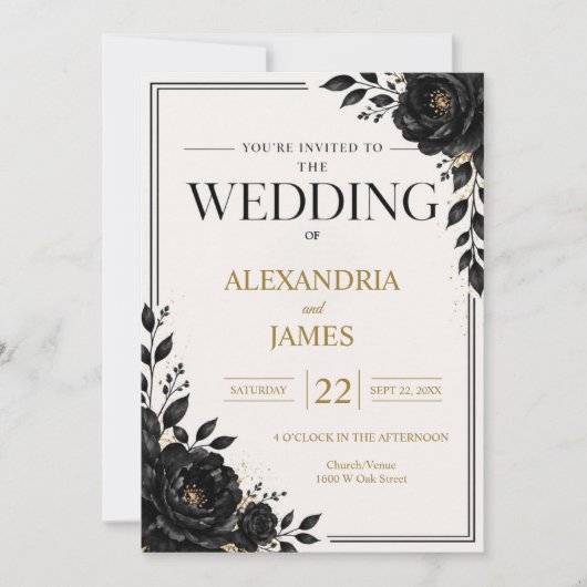 Invitation Mariage Élégant Fleurs Noires (Devant)