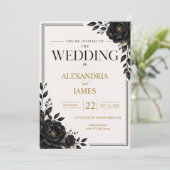 Invitation Mariage Élégant Fleurs Noires (Debout devant)