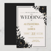 Invitation Mariage Élégant Fleurs Noires (Devant / Derrière)