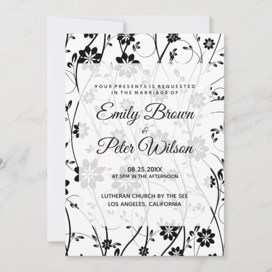 Invitation Mariage Élégant Fleurs Noires Délicates (Devant)