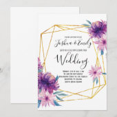Invitation Mariage Élégant Fleurs Or Pourpre (Devant / Derrière)