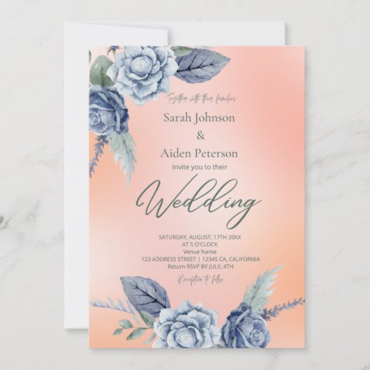 Invitation Mariage Élégant Fleurs Pêche et Bleu Poussiéreux (Devant)