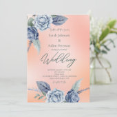 Invitation Mariage Élégant Fleurs Pêche et Bleu Poussiéreux  (Debout devant)