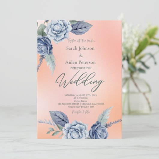 Invitation Mariage Élégant Fleurs Pêche et Bleu Poussiéreux  (Debout devant)