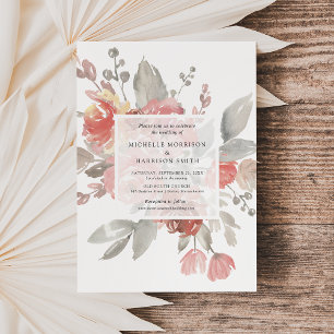 Invitation Mariage Élégant Fleurs Rose Pâle Aquarelle