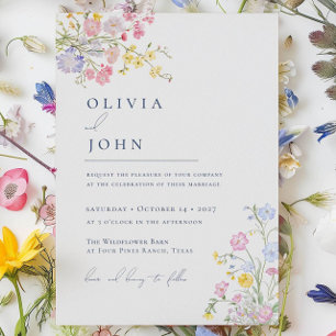 Invitation Mariage Élégant Fleurs Sauvages Bleu Poussiéreux L