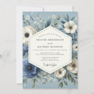 Invitation Mariage Élégant Fleurs Sérénité Bleu Ardoise