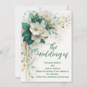 Invitation Mariage Élégant Fleurs Vertes Blanches Or (Devant)