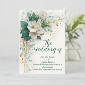 Invitation Mariage Élégant Fleurs Vertes Blanches Or (Debout devant)