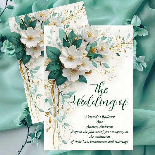 Invitation Mariage Élégant Fleurs Vertes Blanches Or