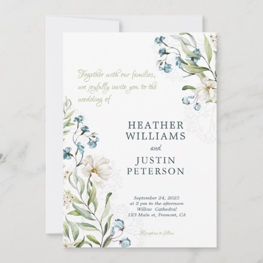 Invitation Mariage élégant, fleurs vertes et blanches (Devant)