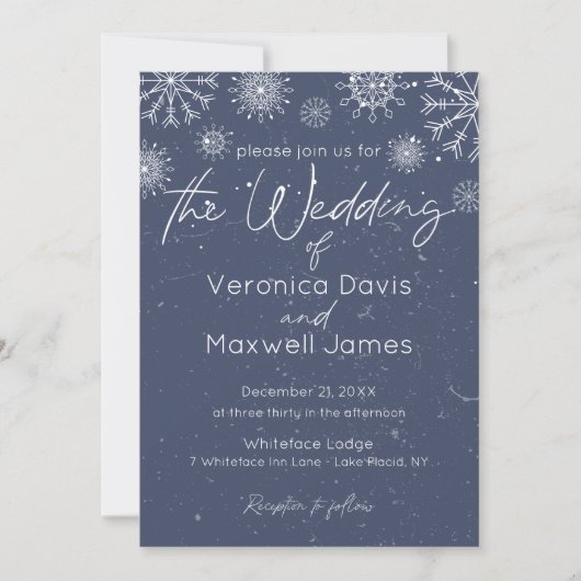 Invitation Mariage Élégant Flocon de Neige Thème Hiver Bleu F (Devant)