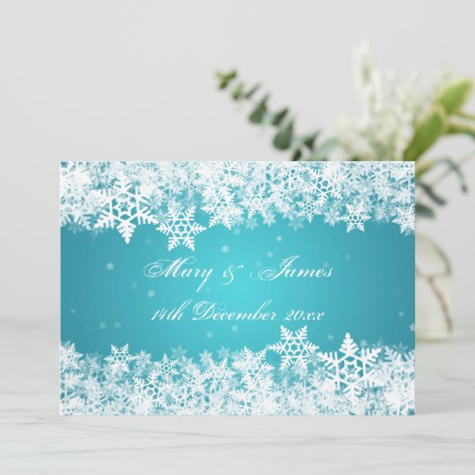 Invitation Mariage Élégant Flocons de Neige Hiver Bleu (Debout devant)