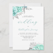 Invitation Mariage élégant floral aqua argent script (Devant)
