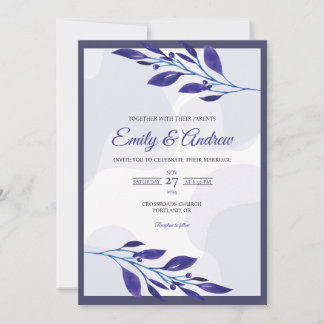 Invitation Mariage Élégant Floral Aquarelle Bleu Marine