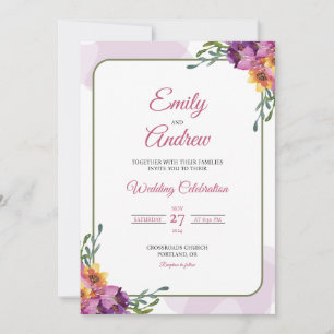 Invitation Mariage élégant floral aquarelle jaune violet