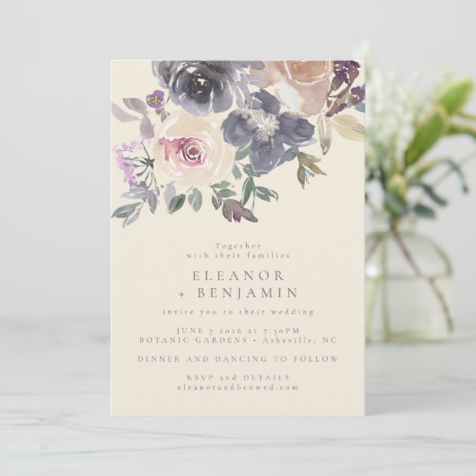 Invitation Mariage Élégant Floral Aquarelle Violet Moderne (Debout devant)