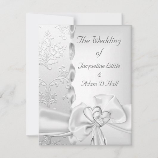Invitation Mariage élégant Floral Argent Blanc Coeurs Bow (Devant)