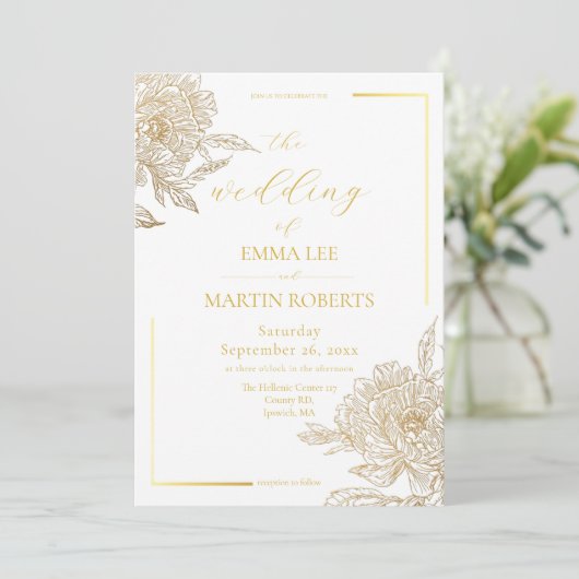 Invitation Mariage Élégant Floral Blanc et Or Devine (Debout devant)
