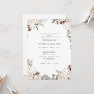 Invitation Mariage Élégant Floral Blanc Hiver des Deux Parent