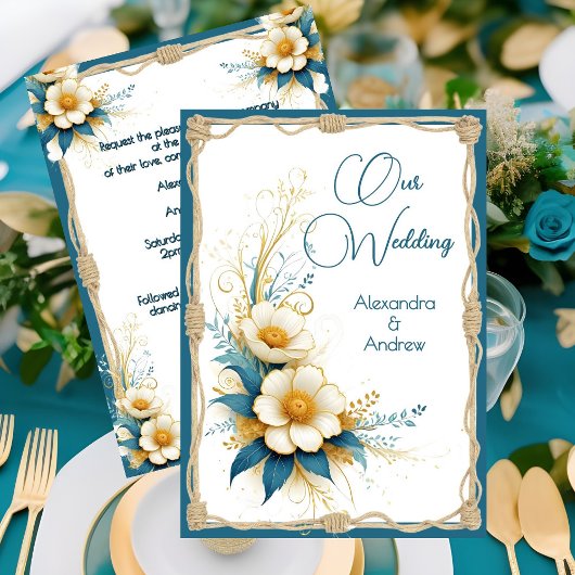 Invitation Mariage élégant Floral bleu cyan blanc Fleurs