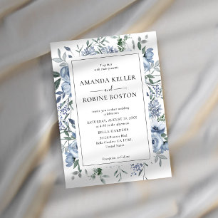 Invitation Mariage élégant floral bleu moderne